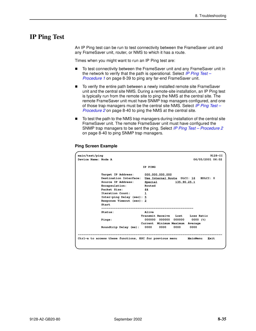 Paradyne CSU, DSU, 9126-II, 9128-II manual IP Ping Test, Ping Screen Example 