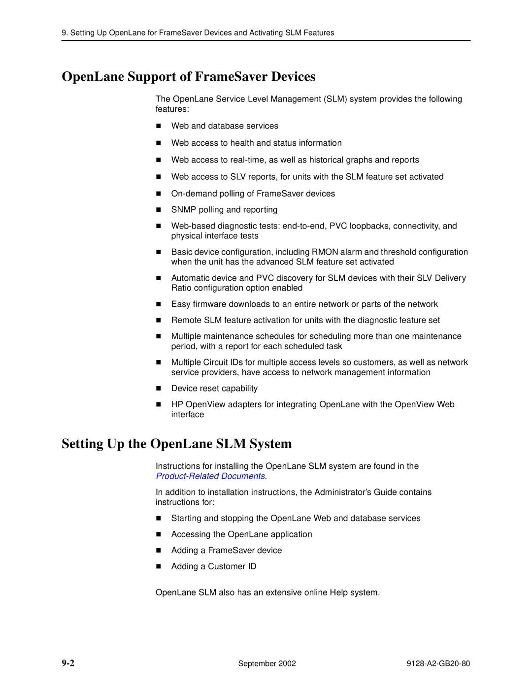 Paradyne 9128-II, CSU, DSU, 9126-II manual OpenLane Support of FrameSaver Devices, Setting Up the OpenLane SLM System 