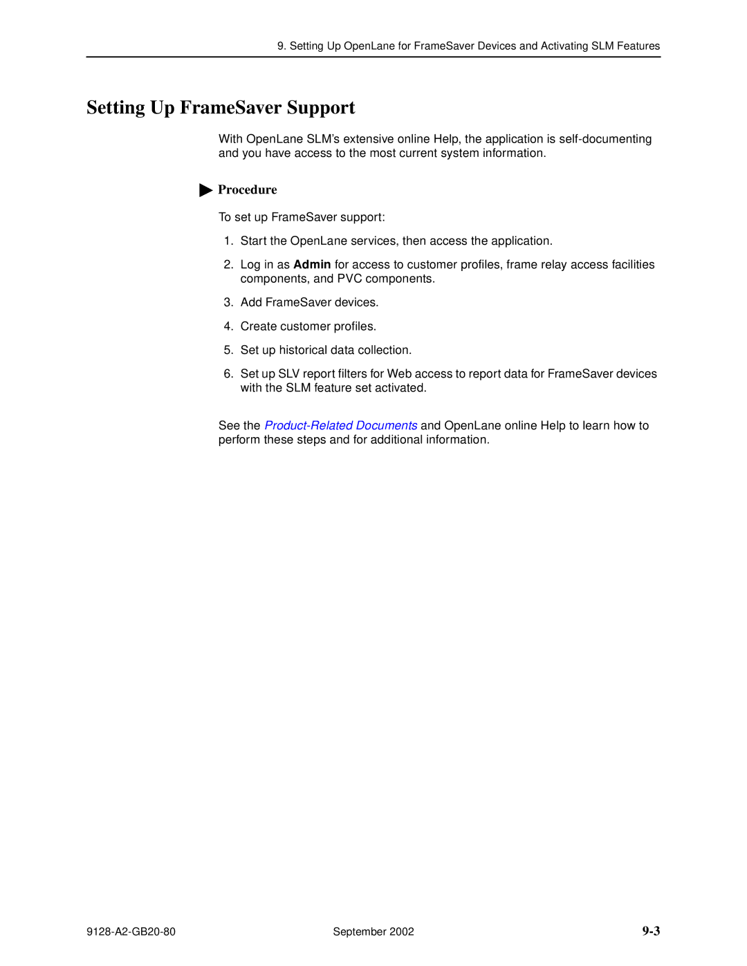 Paradyne CSU, DSU, 9126-II, 9128-II manual Setting Up FrameSaver Support, Procedure 