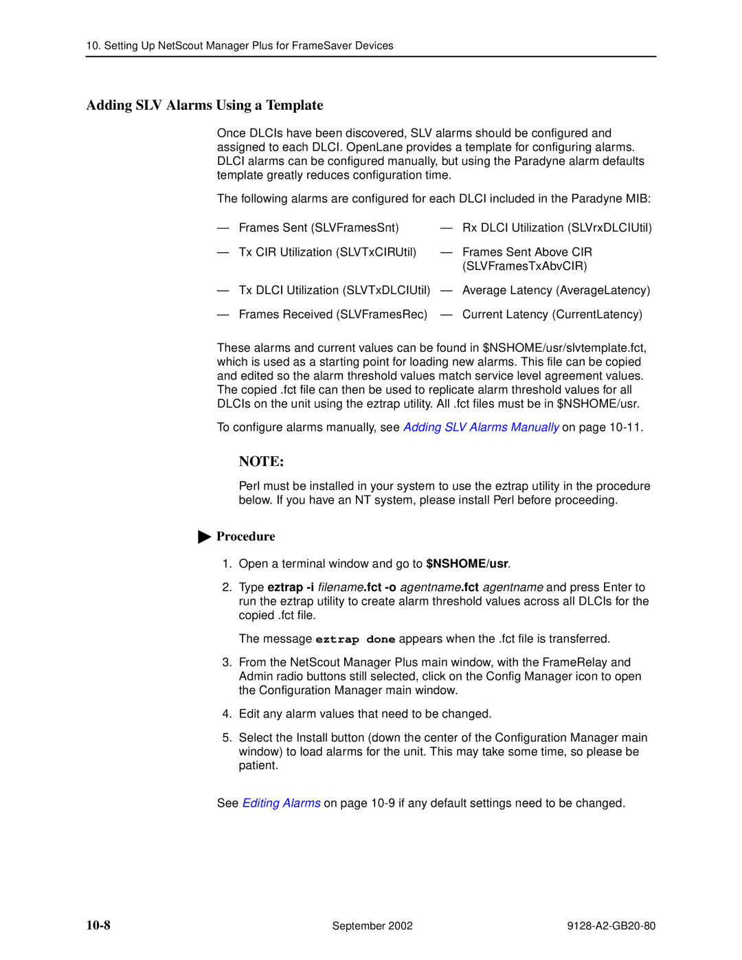 Paradyne 9128-II, CSU, DSU, 9126-II manual Adding SLV Alarms Using a Template, 10-8 