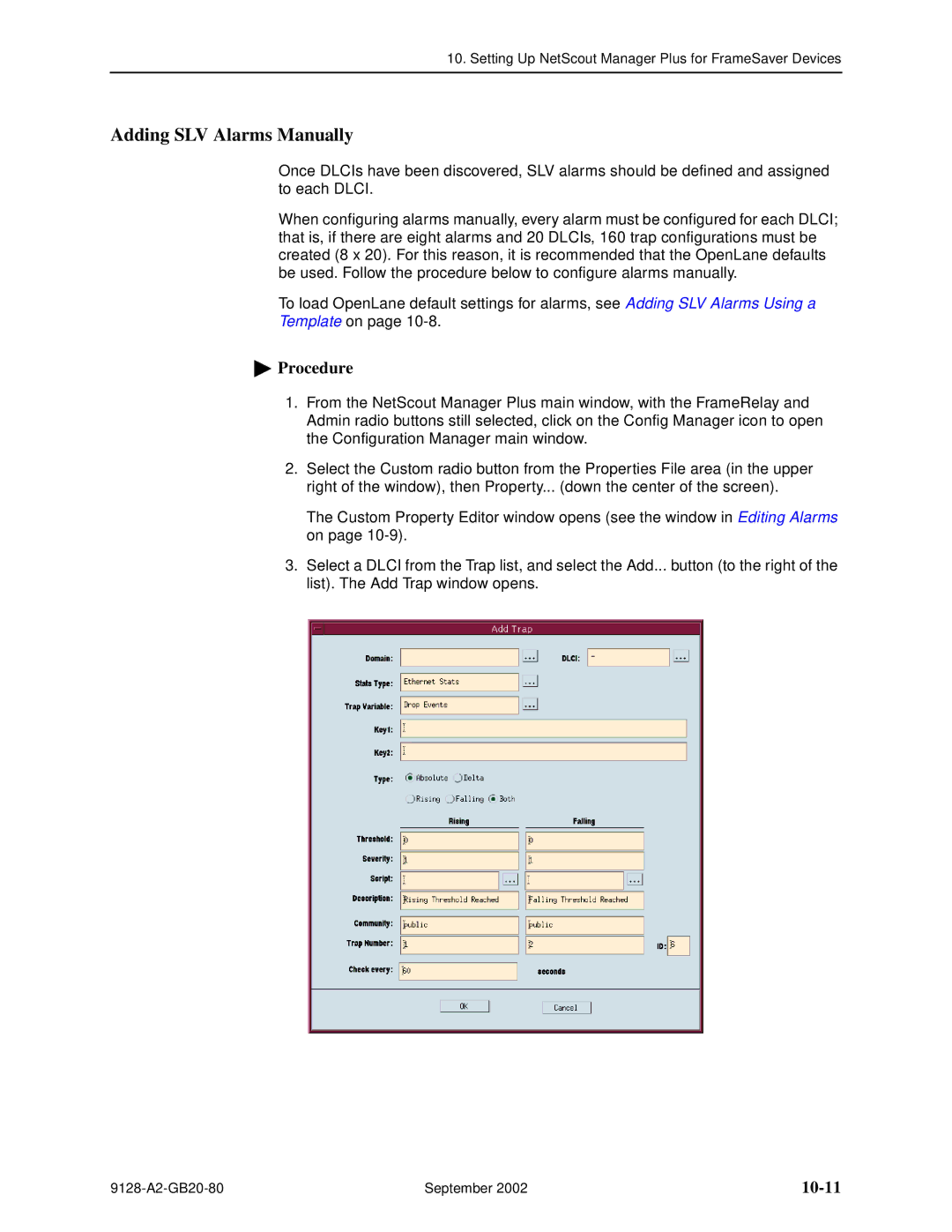 Paradyne 9126-II, CSU, DSU, 9128-II manual Adding SLV Alarms Manually, 10-11 