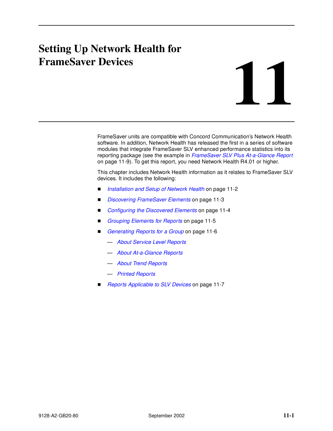 Paradyne CSU, DSU, 9126-II, 9128-II manual Setting Up Network Health for FrameSaver Devices, 11-1 