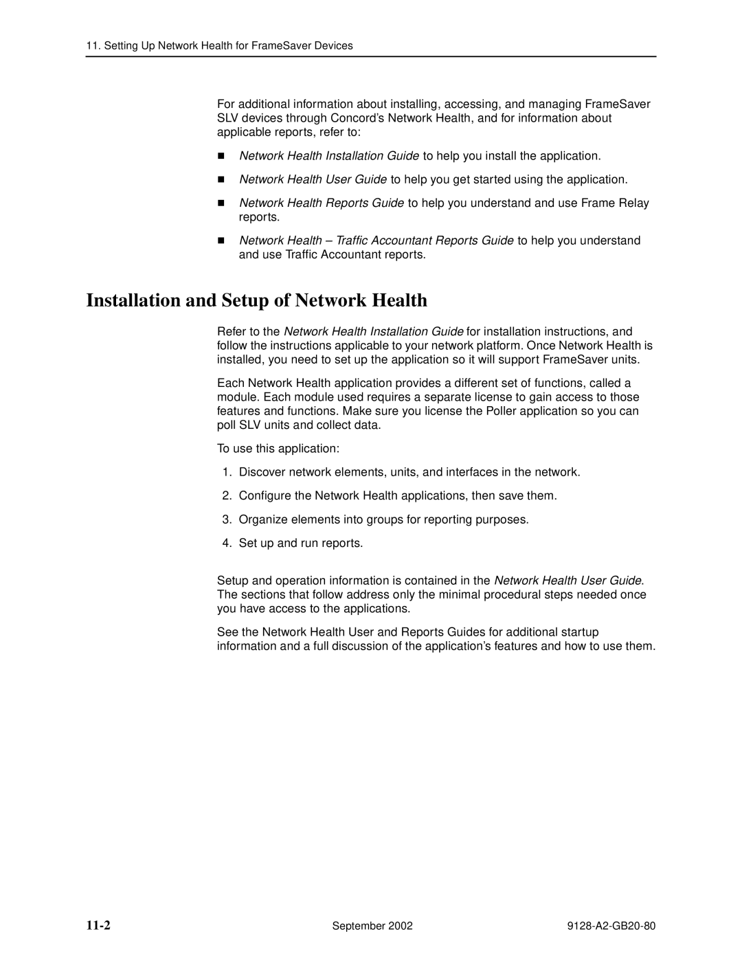 Paradyne CSU, DSU, 9126-II, 9128-II manual Installation and Setup of Network Health, 11-2 