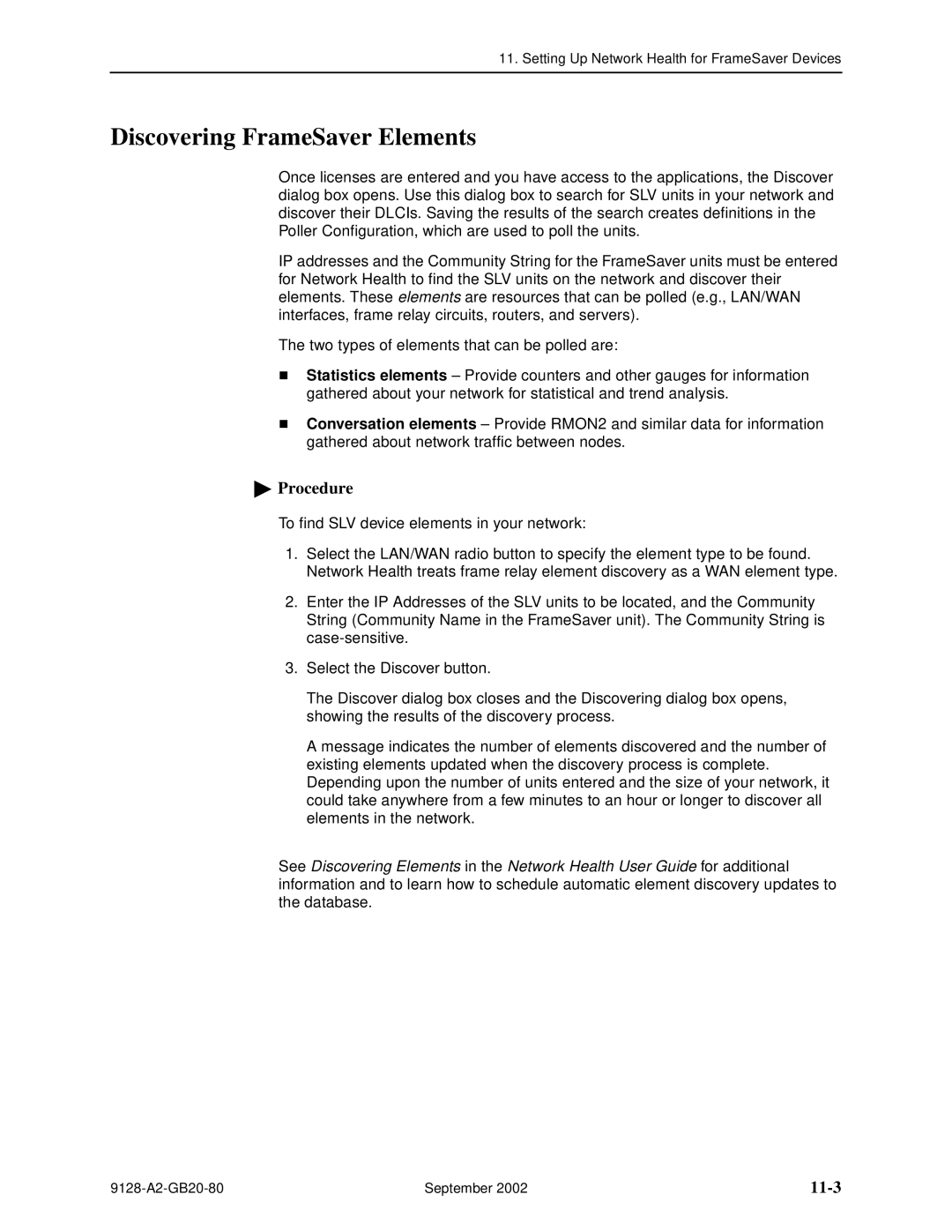 Paradyne 9126-II, CSU, DSU, 9128-II manual Discovering FrameSaver Elements, 11-3 