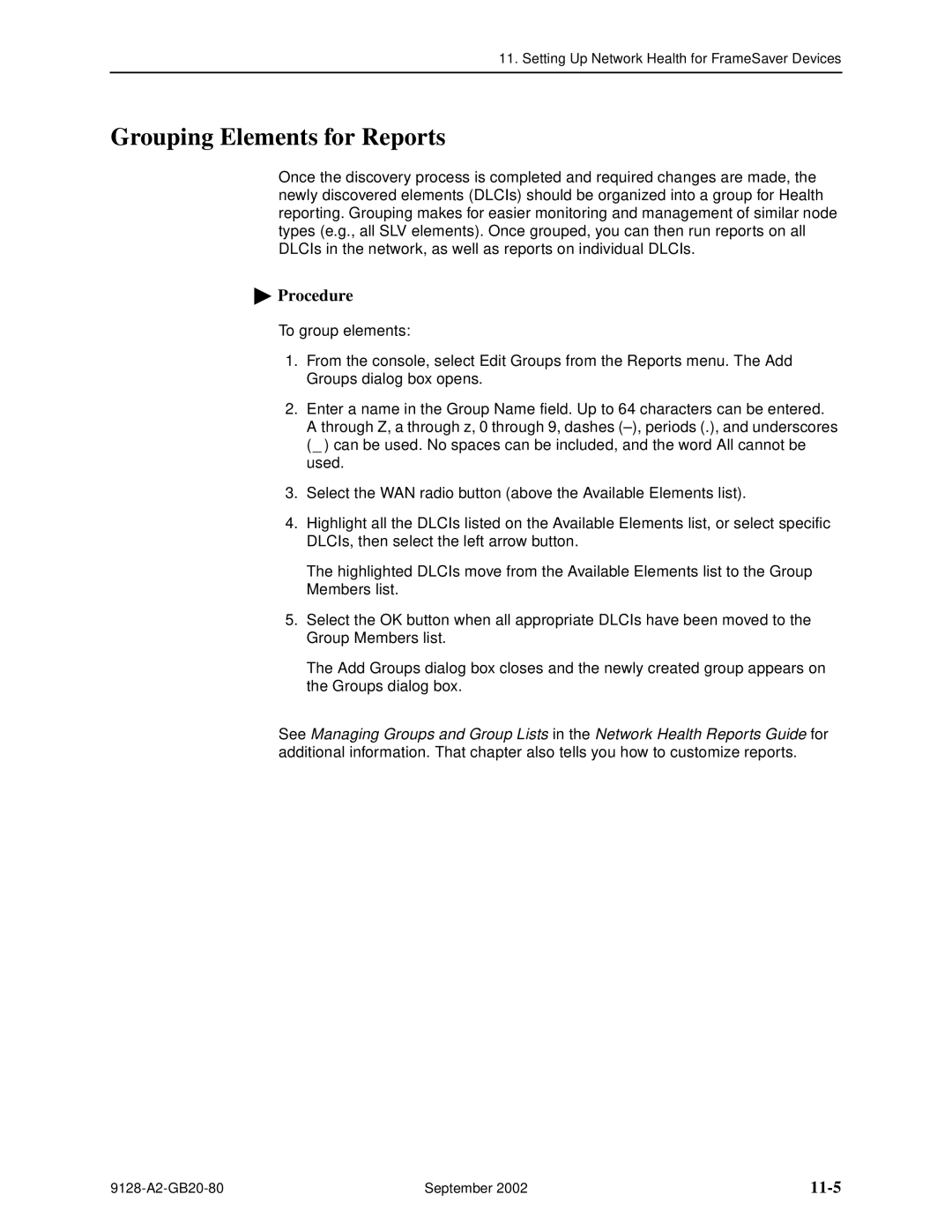 Paradyne CSU, DSU, 9126-II, 9128-II manual Grouping Elements for Reports, 11-5 