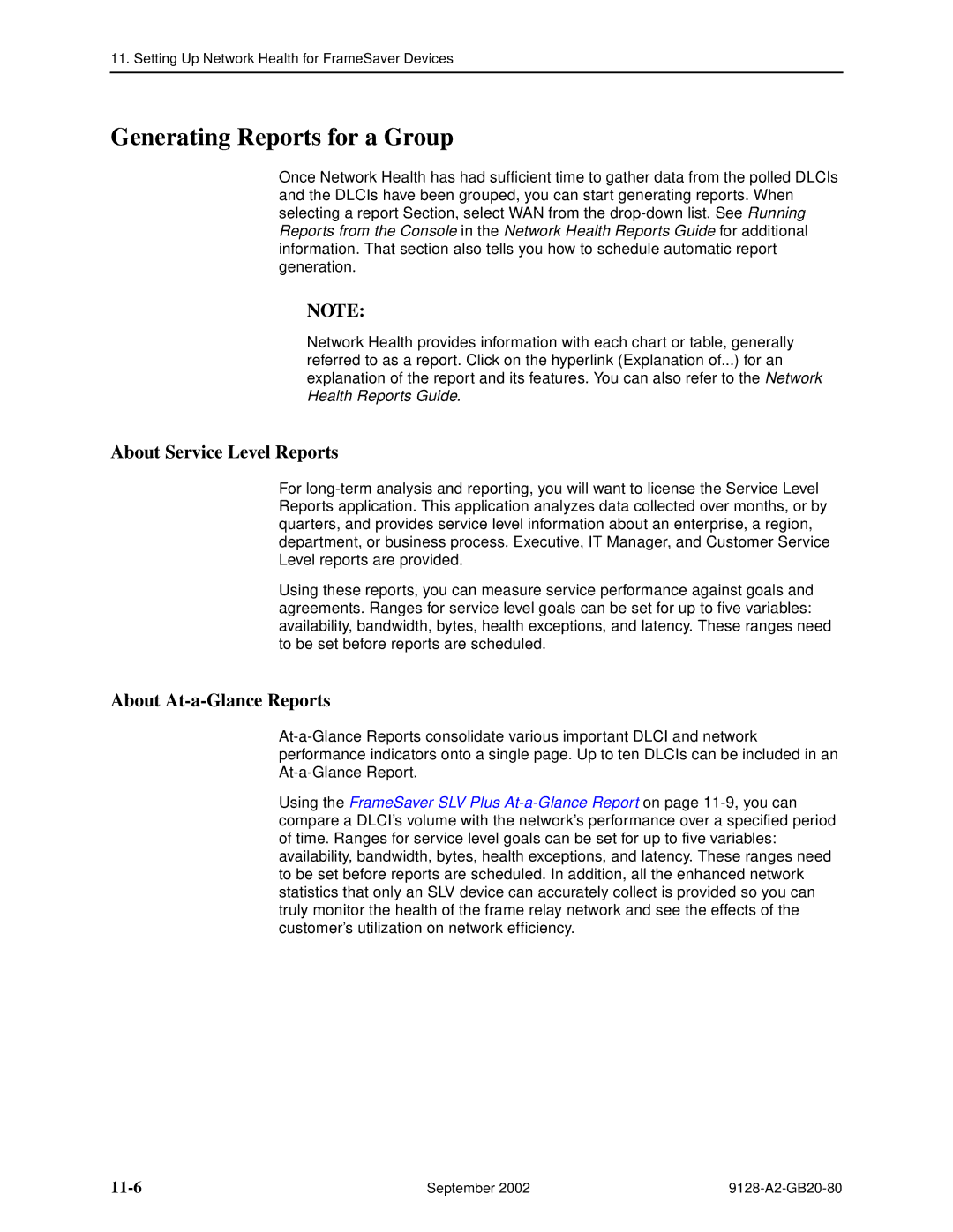 Paradyne CSU, DSU, 9126-II Generating Reports for a Group, About Service Level Reports, About At-a-Glance Reports, 11-6 