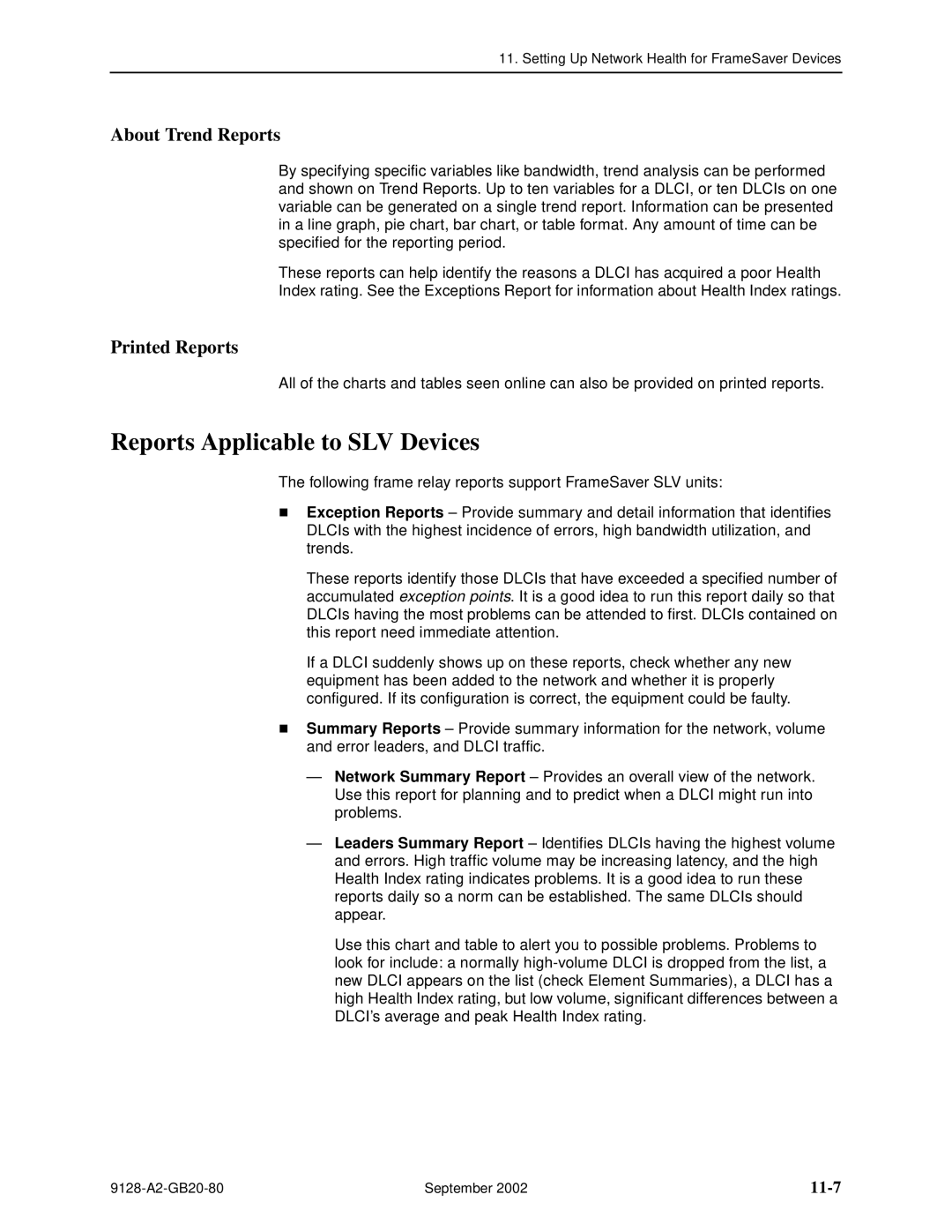 Paradyne 9126-II, CSU, DSU, 9128-II manual Reports Applicable to SLV Devices, About Trend Reports, Printed Reports, 11-7 