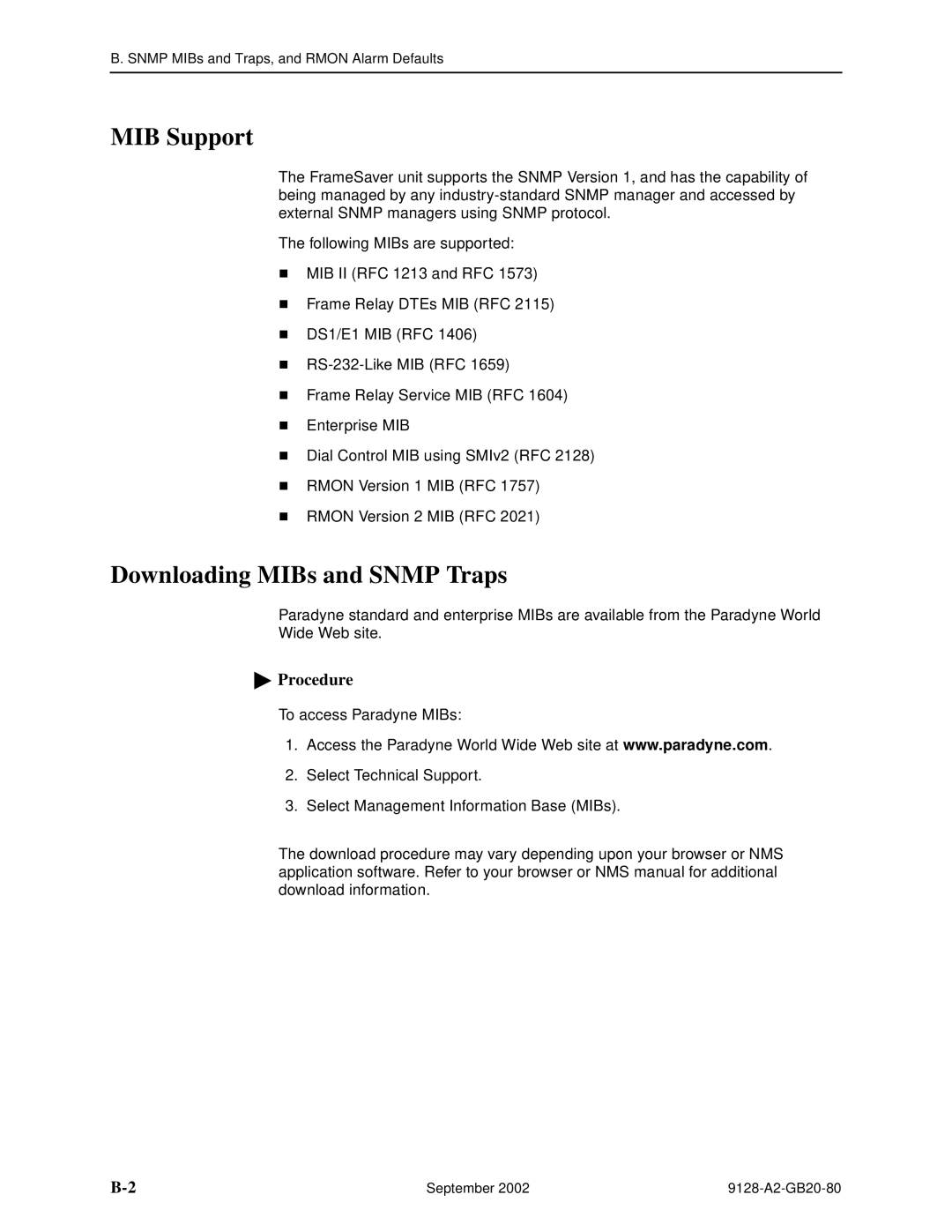 Paradyne 9128-II, CSU, DSU, 9126-II manual MIB Support, Downloading MIBs and Snmp Traps 