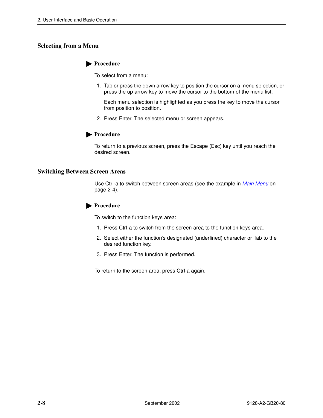 Paradyne CSU, DSU, 9126-II, 9128-II manual Selecting from a Menu, Switching Between Screen Areas 