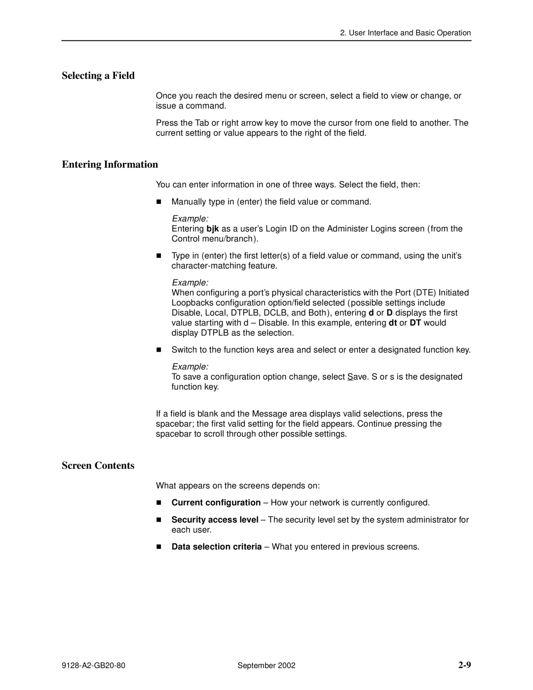 Paradyne 9126-II, CSU, DSU, 9128-II manual Selecting a Field, Entering Information, Screen Contents 