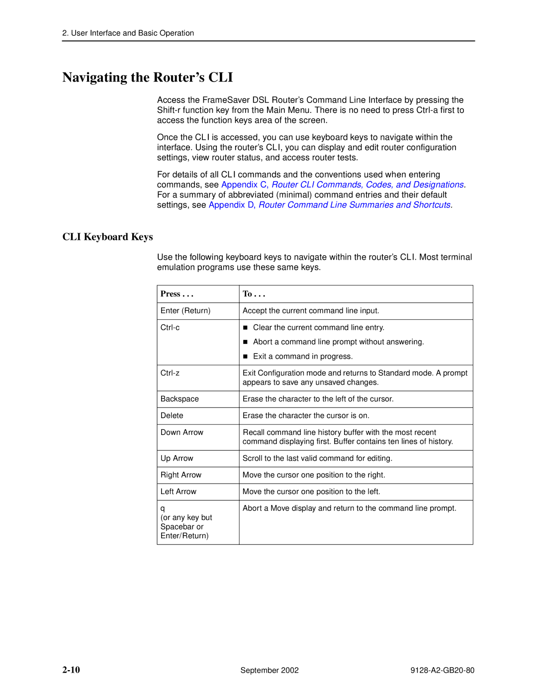 Paradyne 9128-II, CSU, DSU, 9126-II manual Navigating the Router’s CLI, CLI Keyboard Keys 