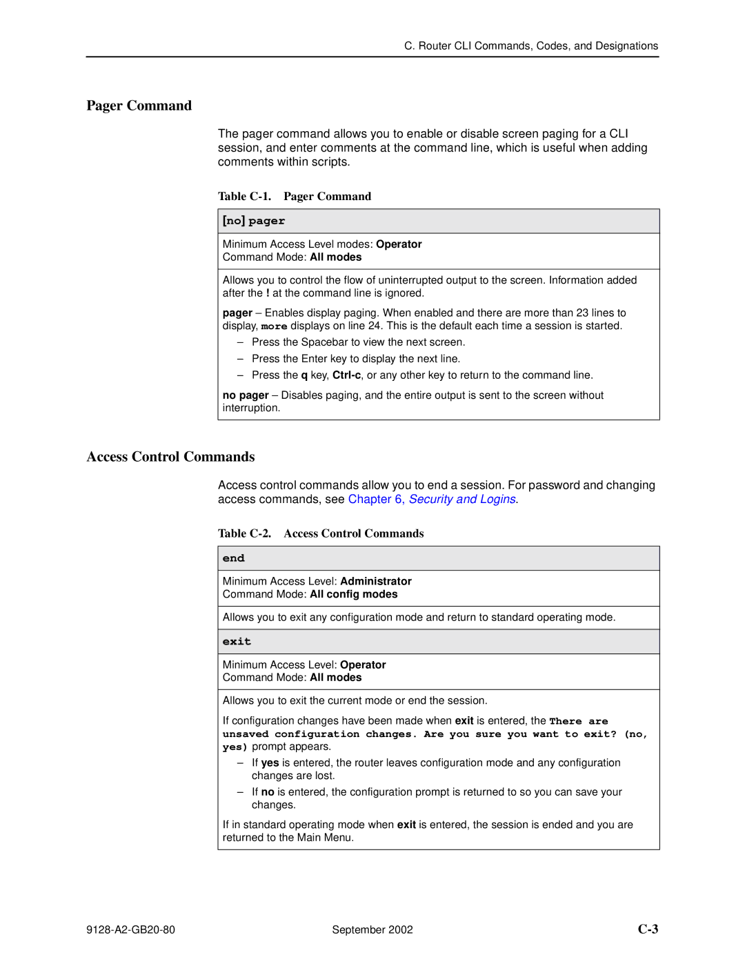 Paradyne 9126-II, CSU, DSU, 9128-II manual Table C-1. Pager Command, No pager, Table C-2. Access Control Commands 