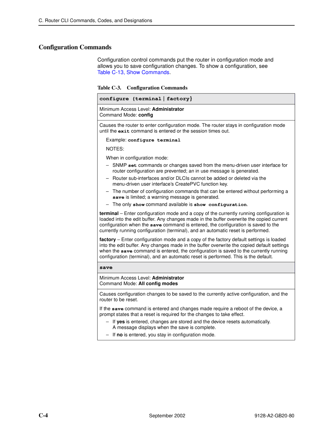 Paradyne 9128-II, 9126 Table C-3. Configuration Commands, Configure terminal factory, Save, Example configure terminal 