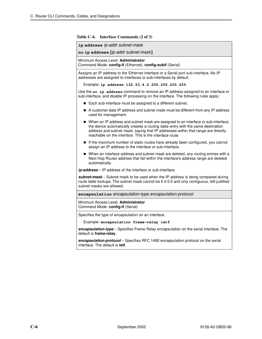 Paradyne CSU, DSU, 9126-II manual Table C-4. Interface Commands 2, Encapsulation encapsulation-type encapsulation-protocol 