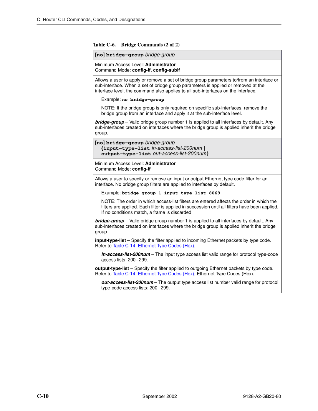 Paradyne CSU, DSU, 9126 Table C-6. Bridge Commands 2, No bridge-group bridge-group, Command Mode config-if, config-subif 