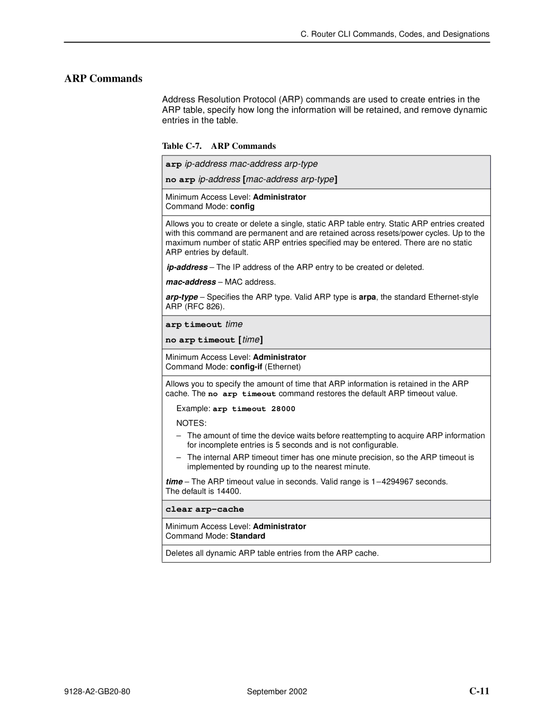 Paradyne 9126-II Table C-7. ARP Commands, Arp timeout time No arp timeout time, Clear arp-cache, Example arp timeout 