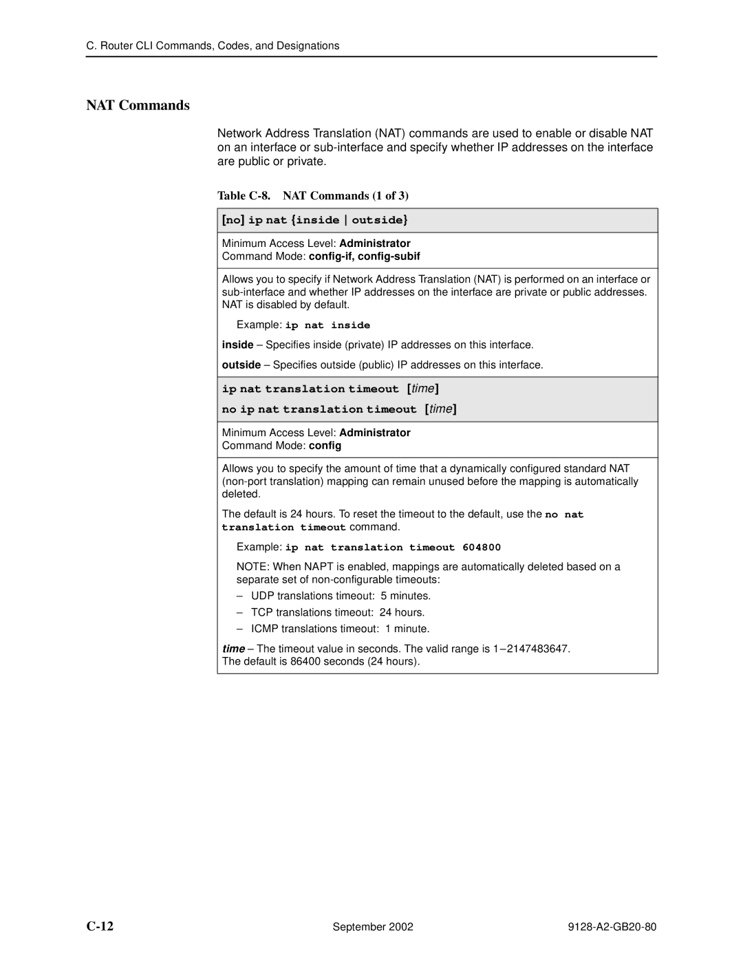 Paradyne 9128-II, CSU, DSU, 9126-II manual Table C-8. NAT Commands 1, No ip nat inside outside, Example ip nat inside 