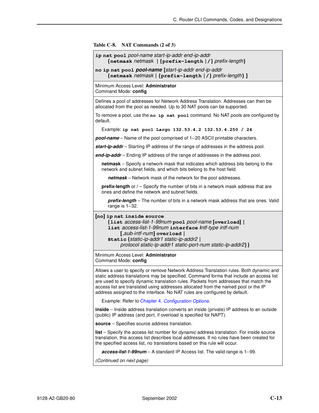 Paradyne 9126-II Table C-8. NAT Commands 2, Ip nat pool pool-name start-ip-addr end-ip-addr, No ip nat inside source 