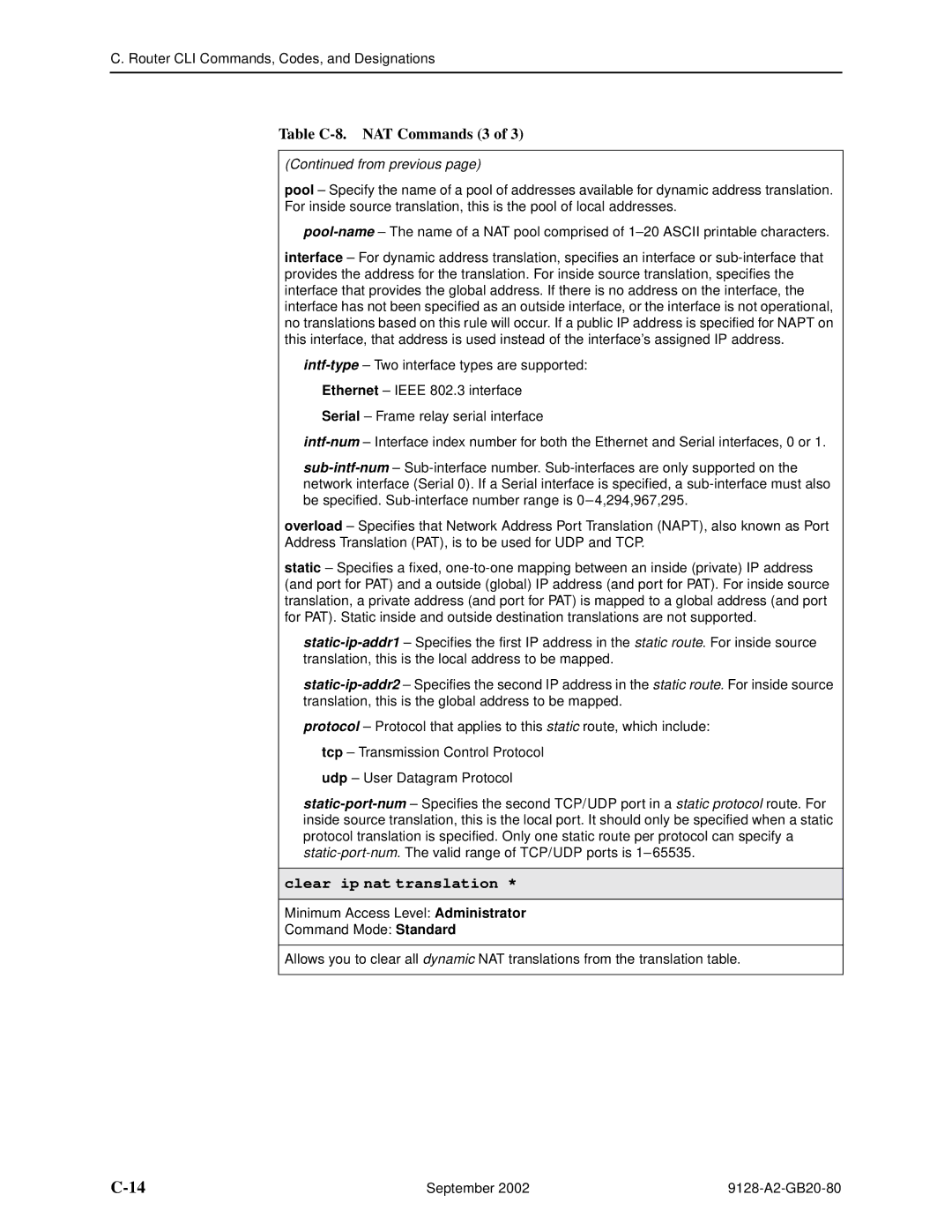 Paradyne CSU, DSU, 9126-II, 9128-II manual Table C-8. NAT Commands 3, Clear ip nat translation, From previous 