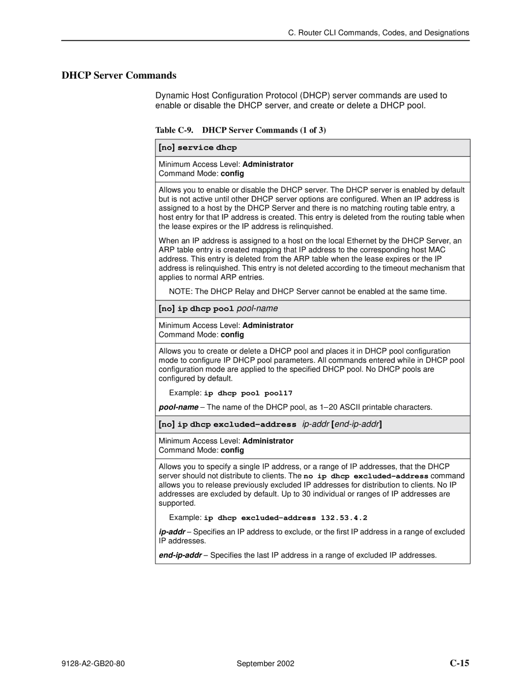 Paradyne 9126-II, CSU, DSU, 9128-II manual Table C-9. Dhcp Server Commands 1, No service dhcp, No ip dhcp pool pool-name 