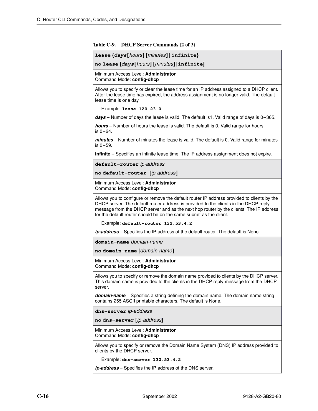 Paradyne 9128-II, CSU, DSU, 9126 Table C-9. Dhcp Server Commands 2, Default-router ip-address No default-router ip-address 