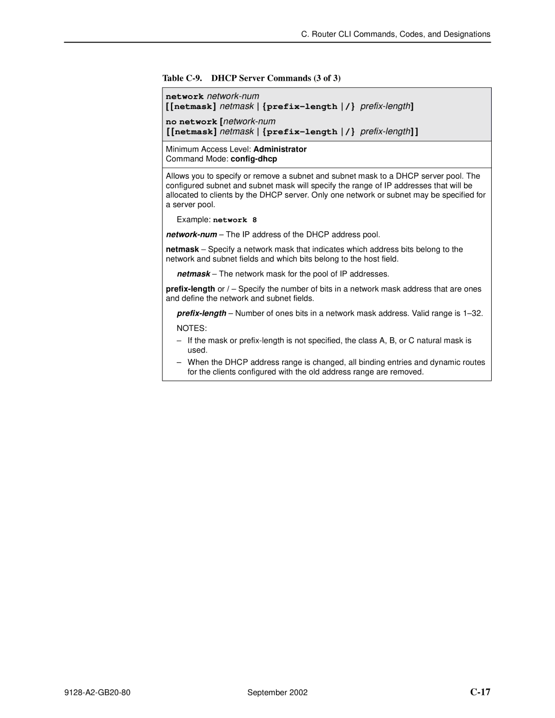 Paradyne CSU, DSU, 9126-II, 9128-II manual Table C-9. Dhcp Server Commands 3, Network network-num 