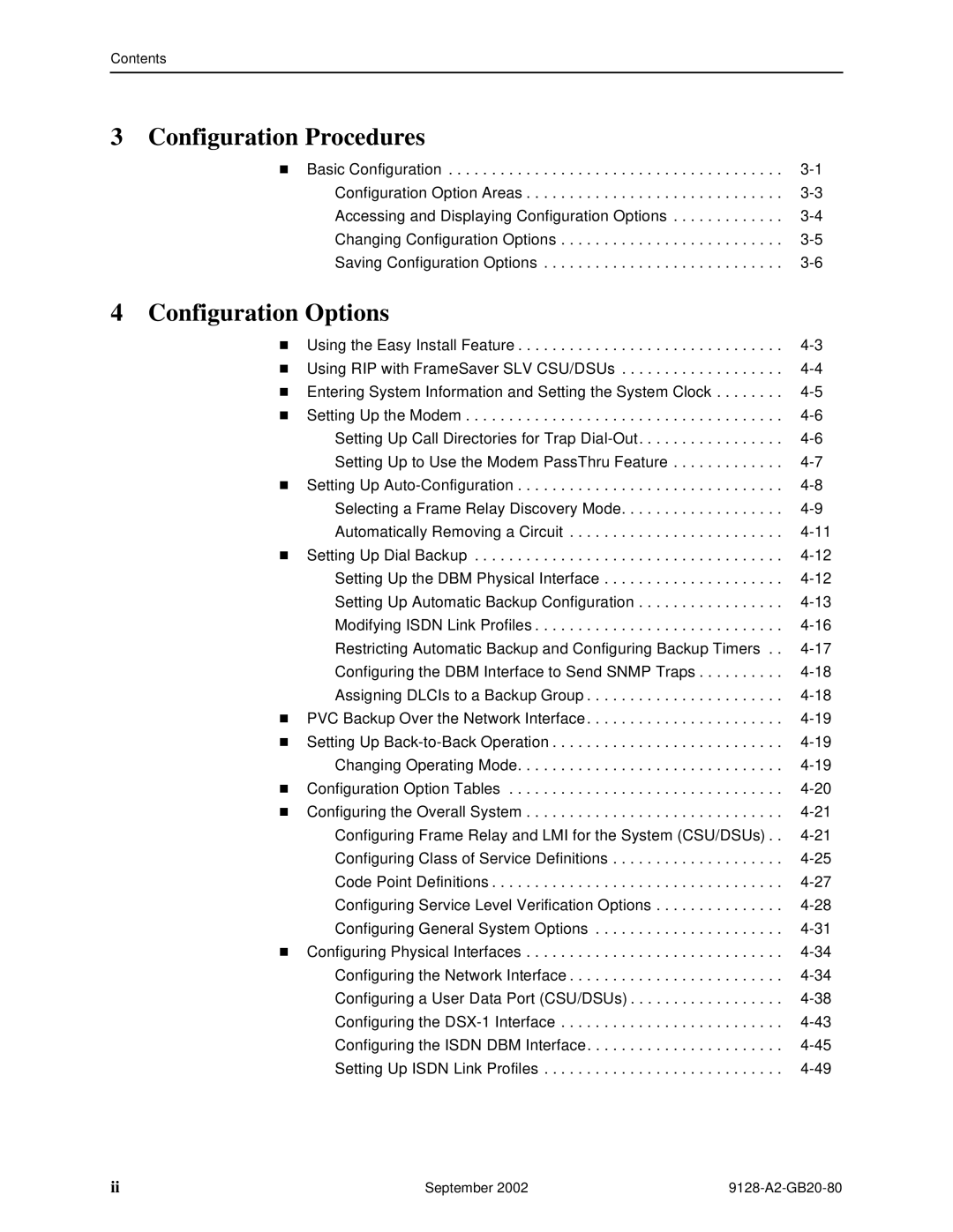 Paradyne CSU, DSU, 9126-II, 9128-II manual ConfigurationTProcedures, Configuration Options, September 