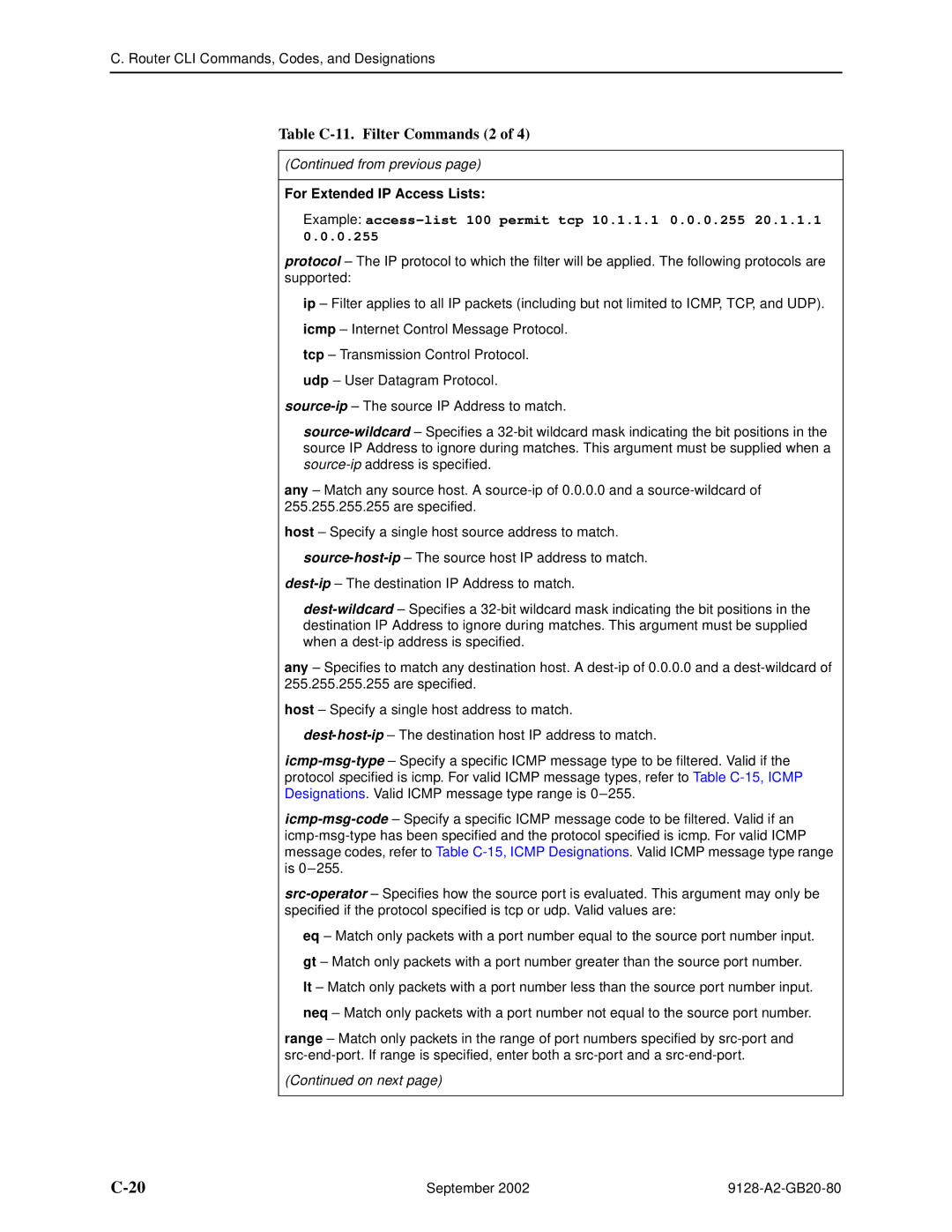 Paradyne 9128-II, CSU, DSU, 9126-II manual Table C-11. Filter Commands 2, For Extended IP Access Lists 