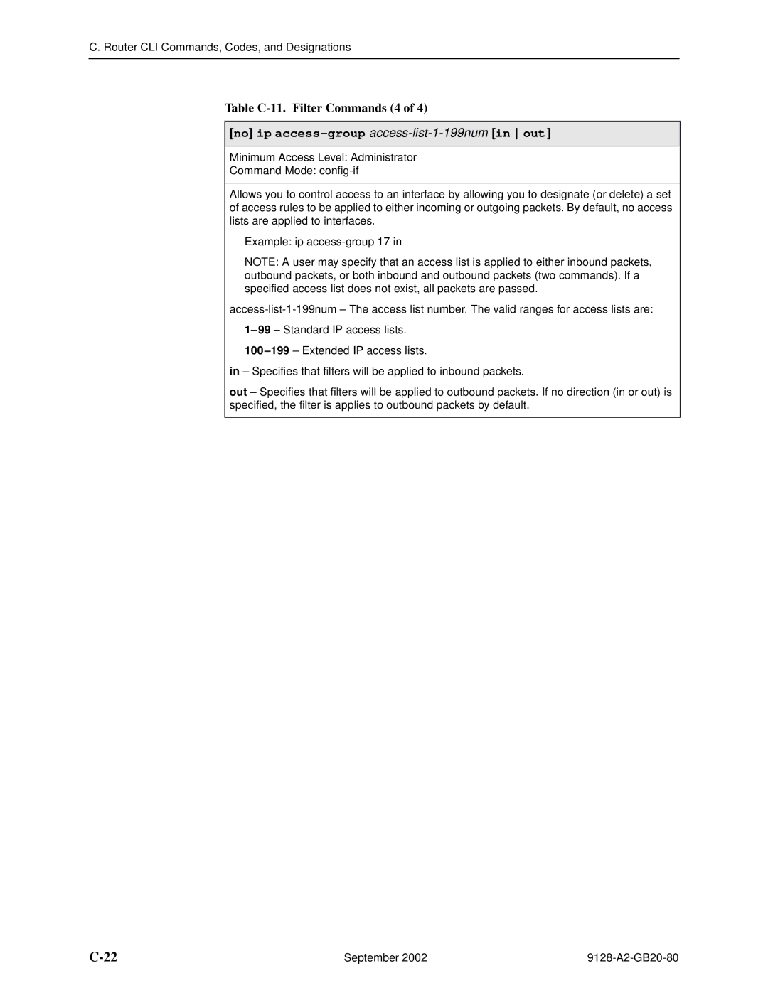 Paradyne CSU, DSU, 9126-II, 9128-II manual Table C-11. Filter Commands 4, No ip access-group access-list-1-199numin out 