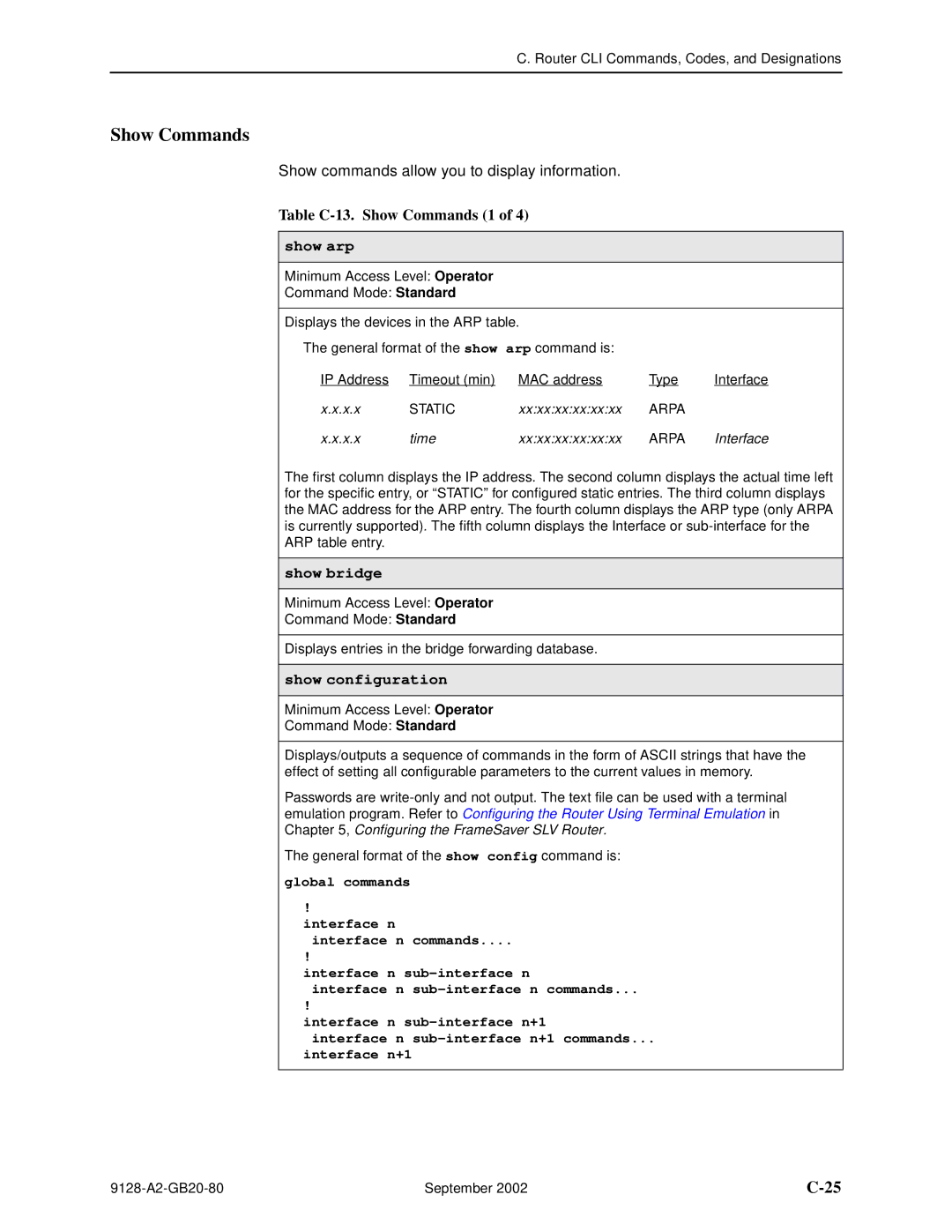 Paradyne CSU, DSU, 9126-II, 9128-II manual Table C-13. Show Commands 1, Show arp, Show bridge, Show configuration 