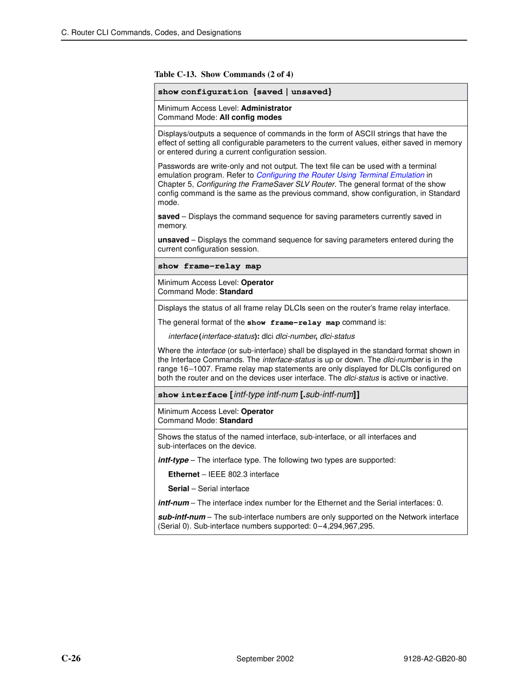 Paradyne CSU, DSU, 9126-II, 9128-II Table C-13. Show Commands 2, Show configuration saved unsaved, Show frame-relay map 