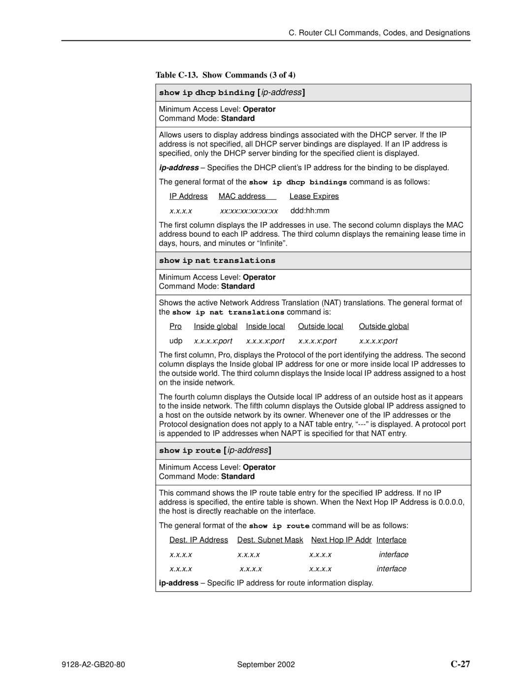 Paradyne 9126-II, CSU, DSU, 9128-II Table C-13. Show Commands 3, Show ip dhcp binding ip-address, Show ip nat translations 