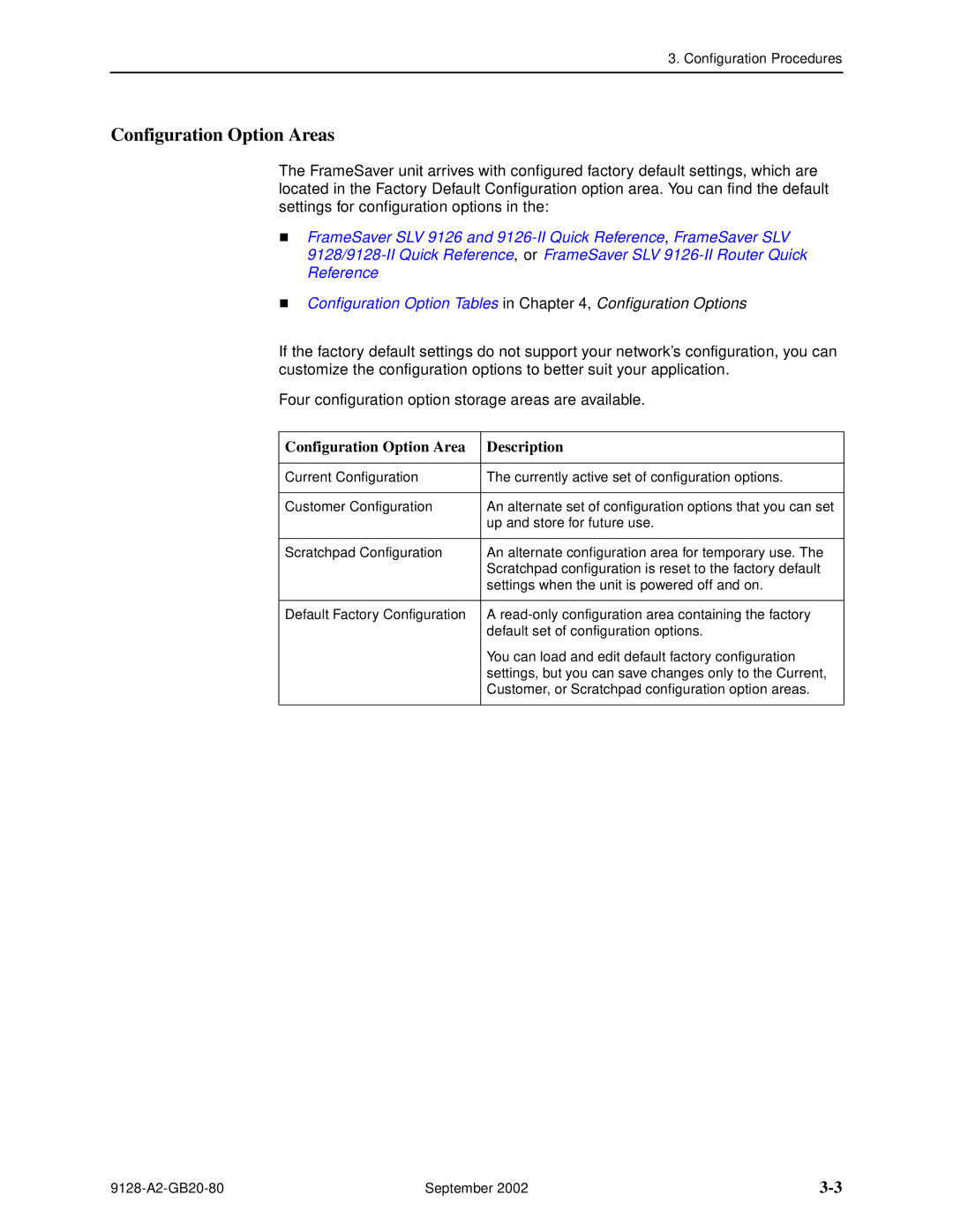 Paradyne 9126-II, CSU, DSU, 9128-II manual Configuration Option Areas, Configuration Option Area Description 