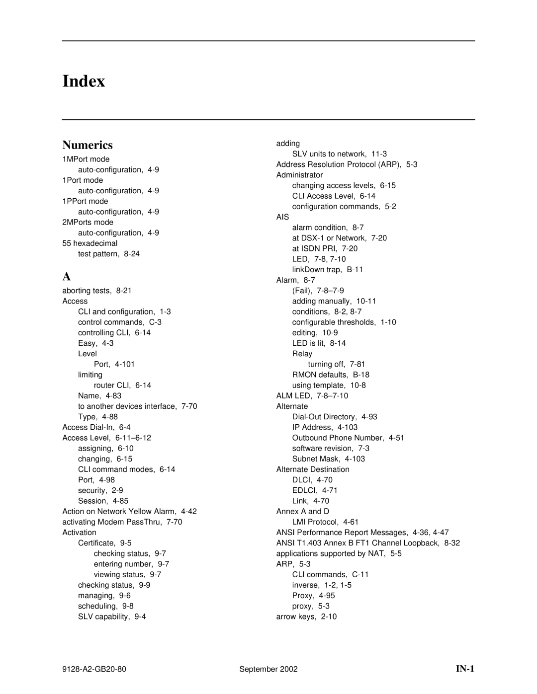 Paradyne CSU, DSU, 9126-II, 9128-II manual Index, IN-1 