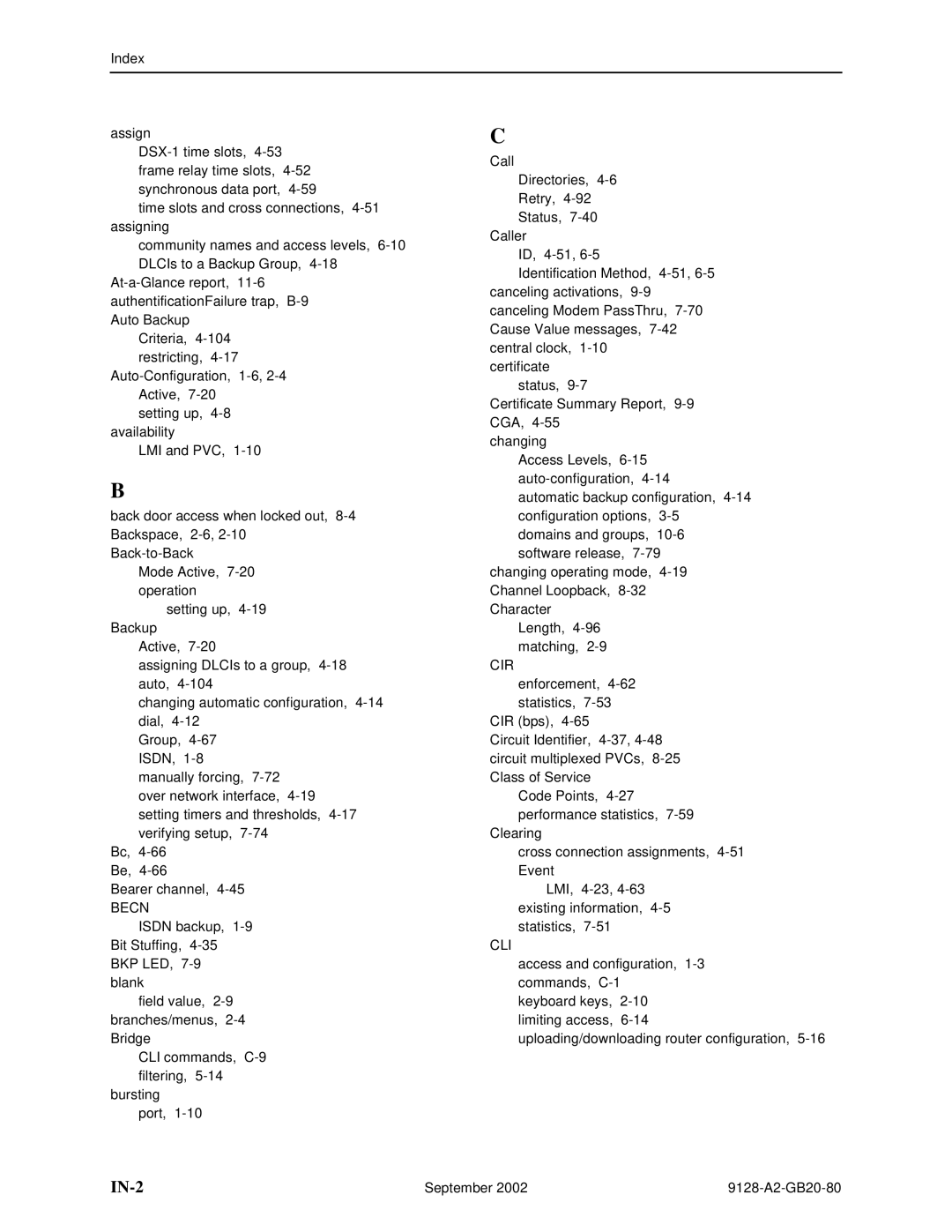 Paradyne CSU, DSU, 9126-II, 9128-II manual IN-2, Becn, Cli 