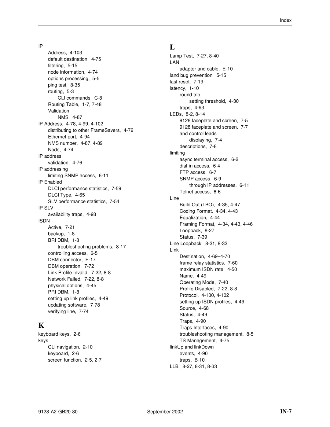 Paradyne 9126-II, CSU, DSU, 9128-II manual IN-7, Lan, Ip Slv 