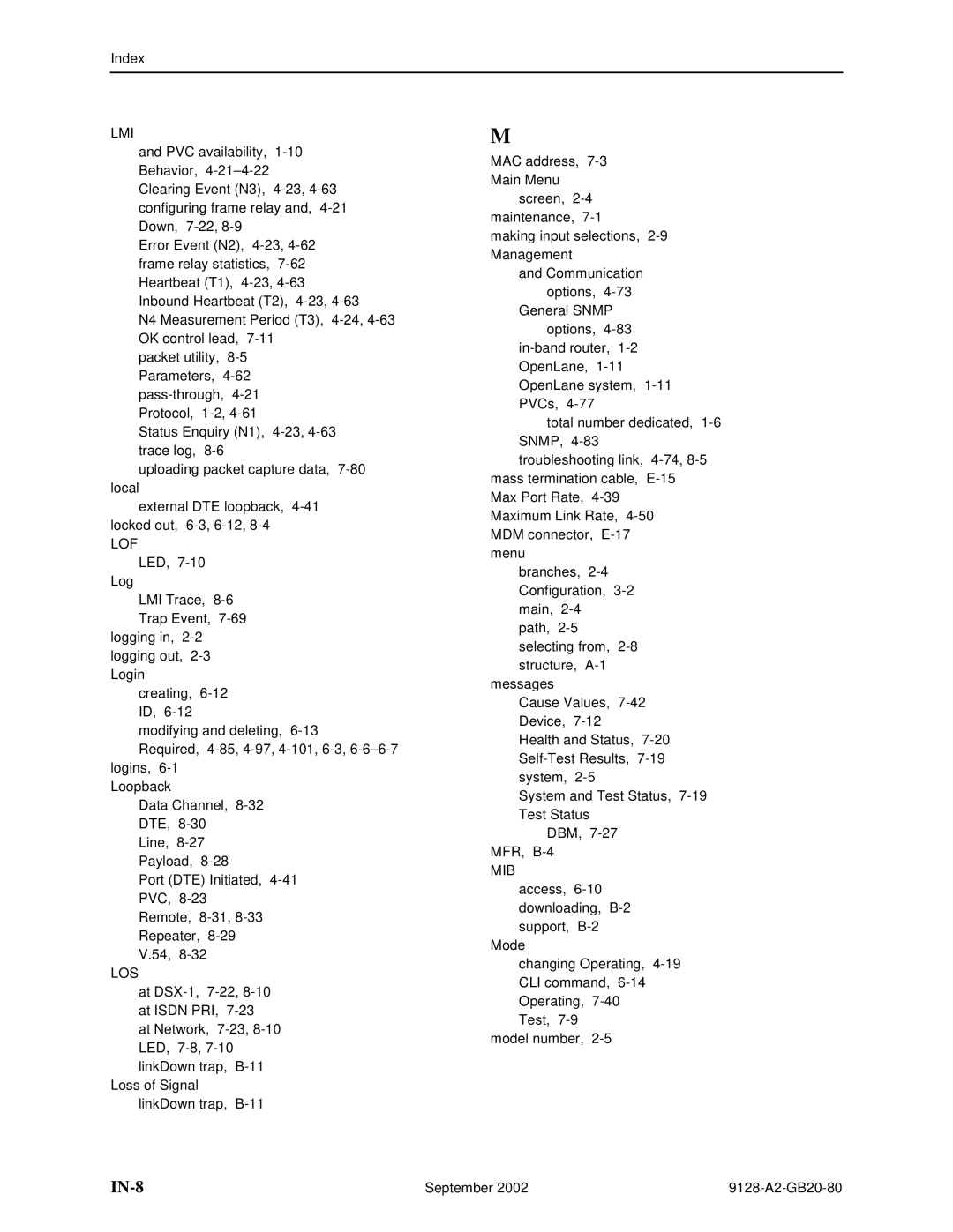 Paradyne 9128-II, CSU, DSU, 9126-II manual IN-8, Lof, Los 