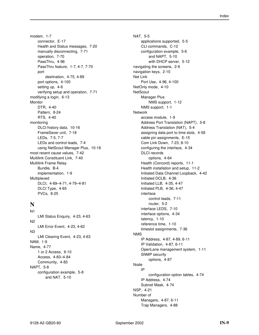 Paradyne CSU, DSU, 9126-II, 9128-II manual IN-9, Nms 