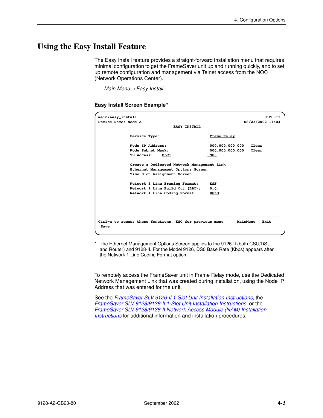 Paradyne CSU, DSU, 9126-II manual Using the Easy Install Feature, Main Menu → Easy Install, Easy Install Screen Example 