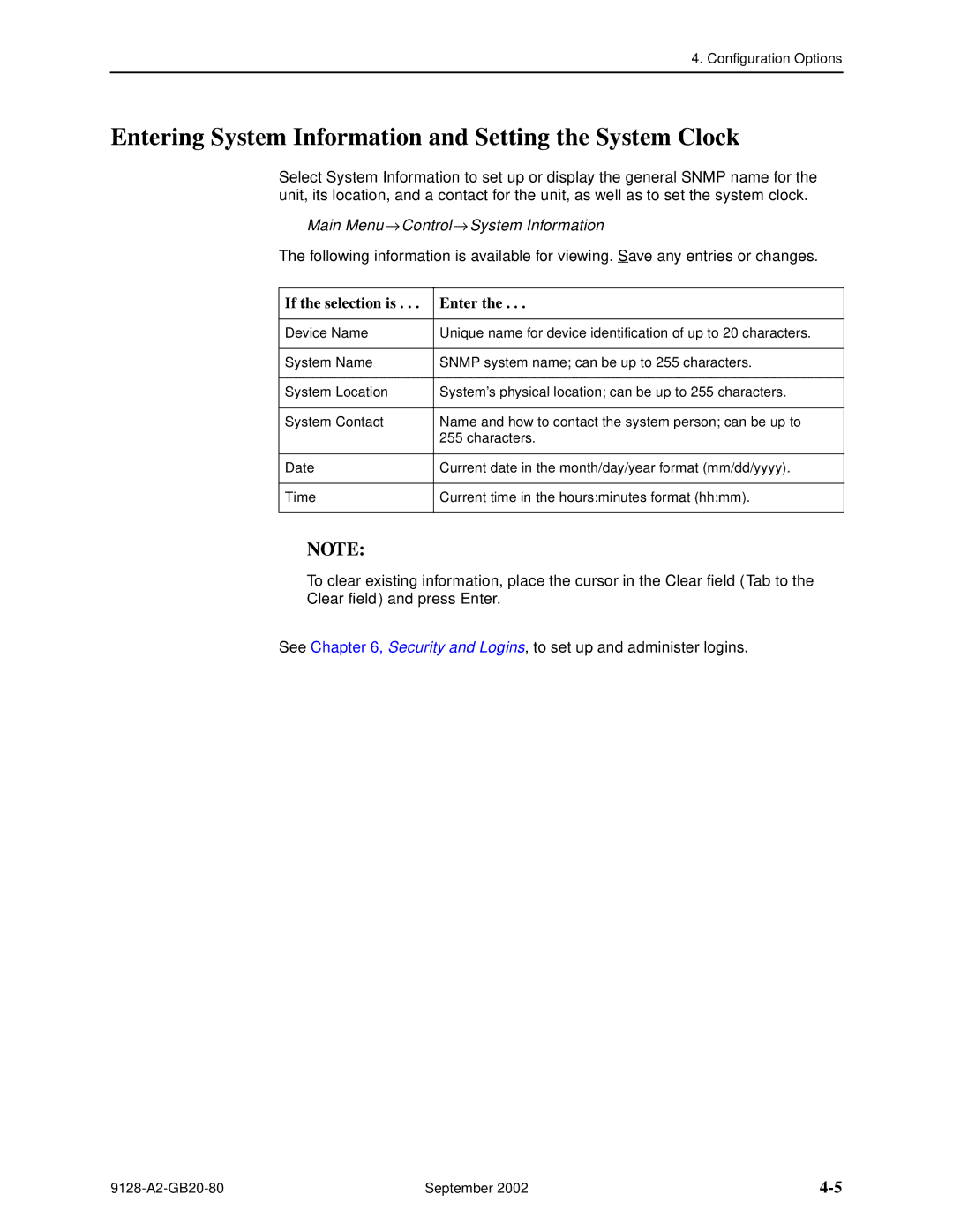 Paradyne 9126-II manual Entering System Information and Setting the System Clock, Main Menu → Control→ System Information 