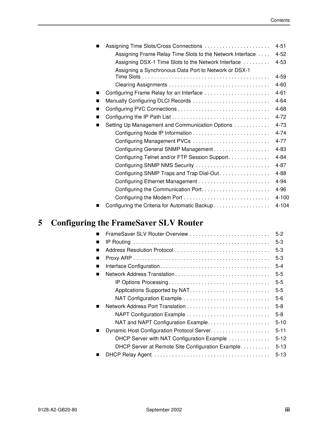 Paradyne 9126-II, CSU, DSU, 9128-II manual Configuring the FrameSaver SLV Router, Iii 