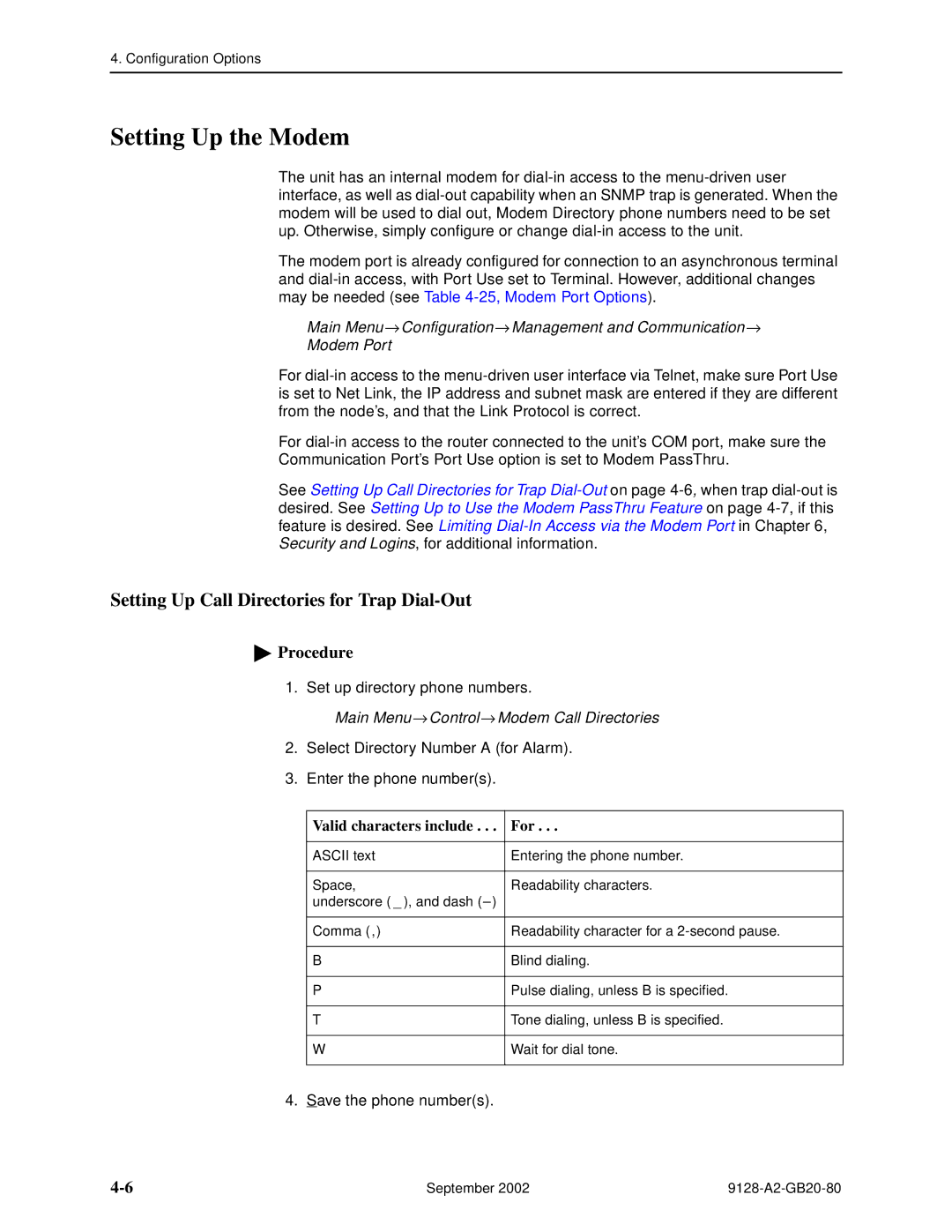 Paradyne 9128-II, 9126 Setting Up the Modem, Setting Up Call Directories for Trap Dial-Out, Valid characters include For 