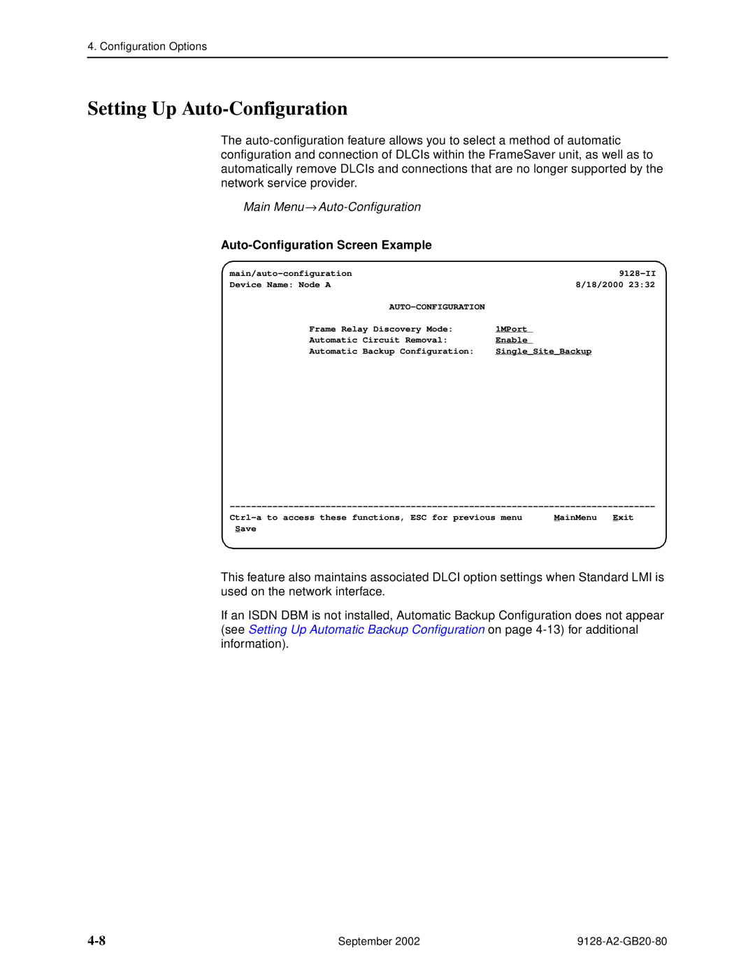 Paradyne CSU, DSU, 9126 Setting Up Auto-Configuration, Main Menu → Auto-Configuration, Auto-Configuration Screen Example 