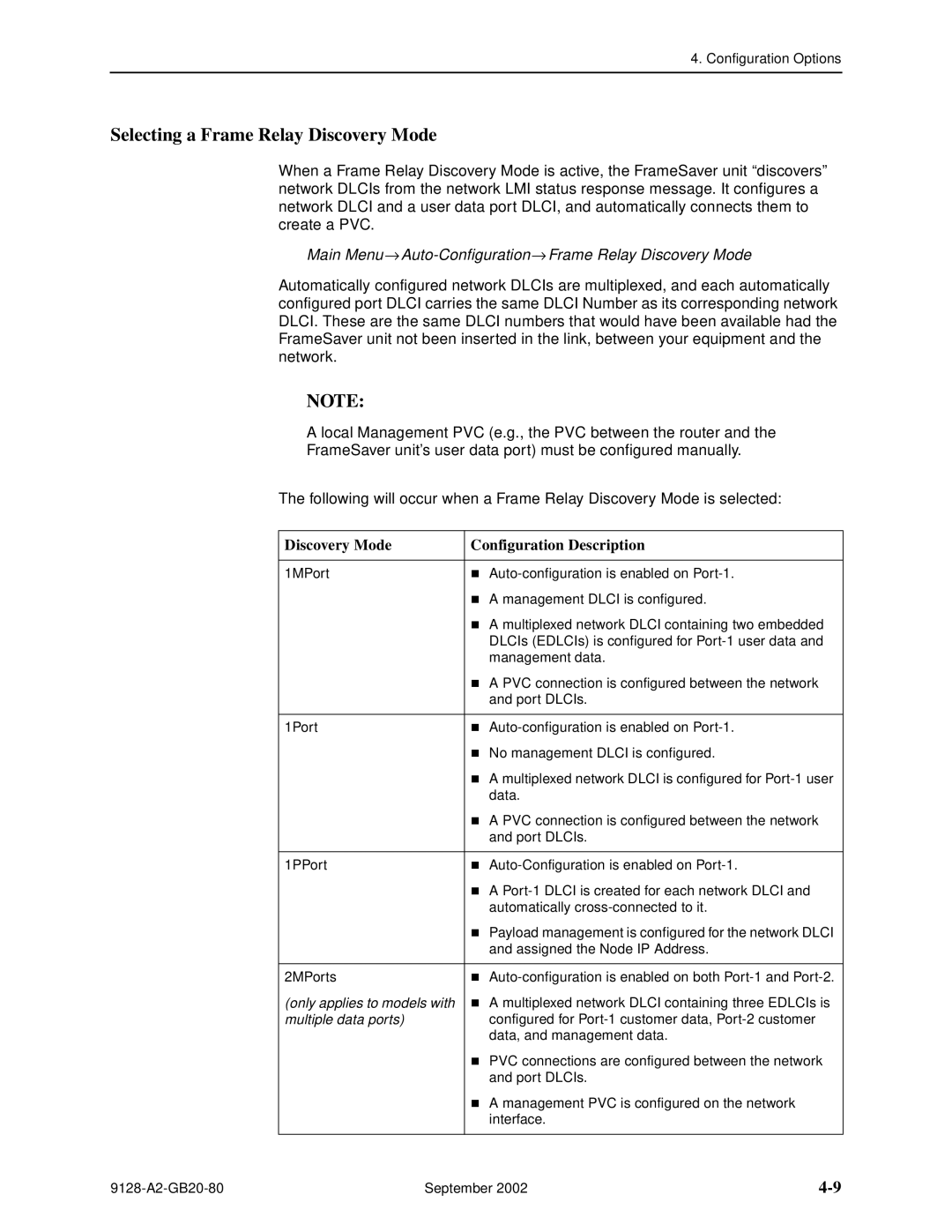 Paradyne 9126-II manual Selecting a Frame Relay Discovery Mode, Main Menu → Auto-Configuration→Frame Relay Discovery Mode 