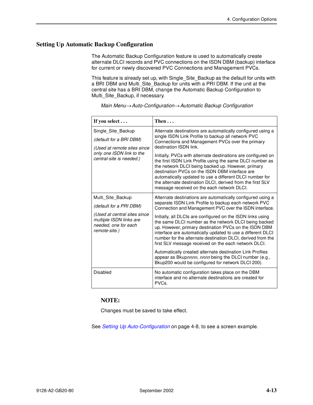 Paradyne 9126-II, CSU, DSU, 9128-II manual Setting Up Automatic Backup Configuration, If you select Then 