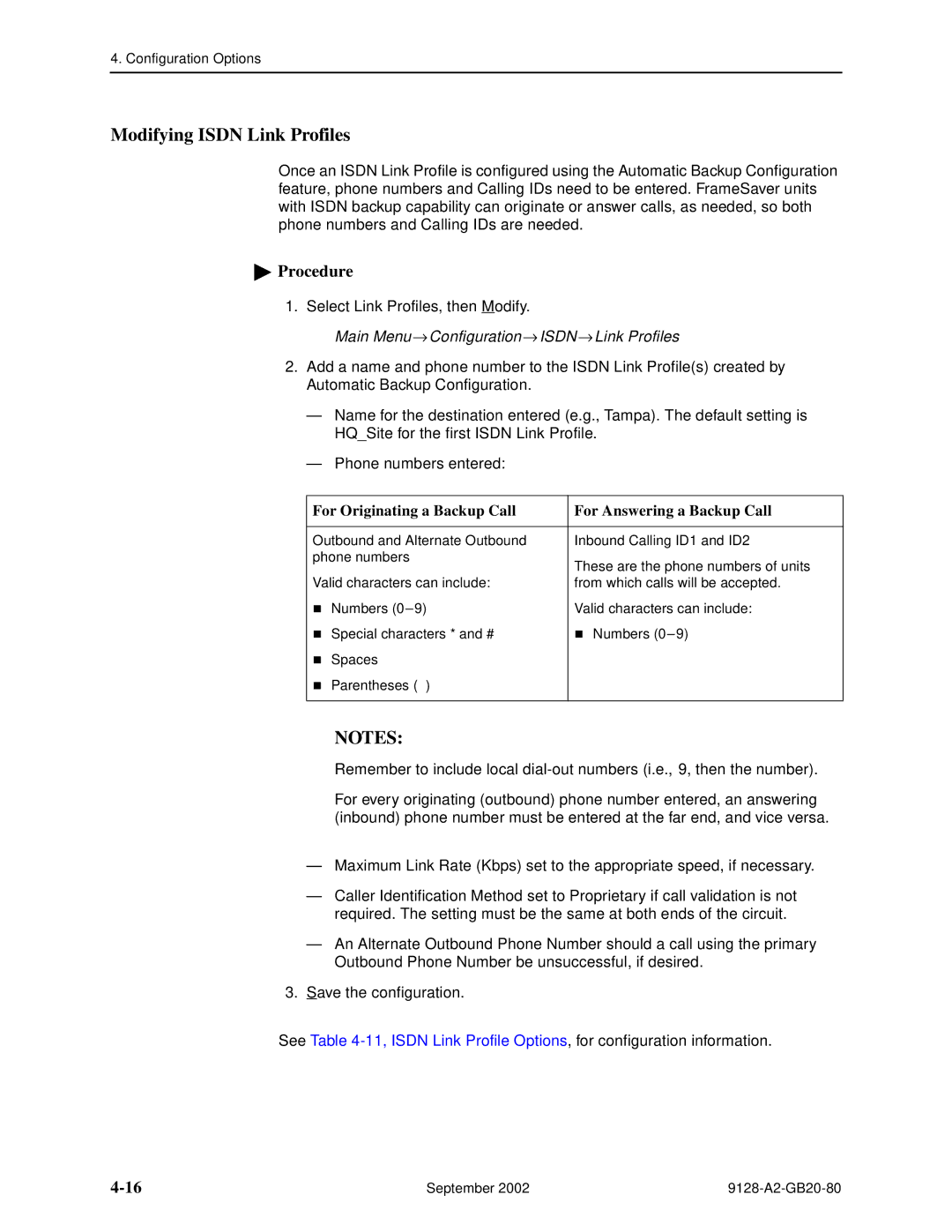 Paradyne CSU, DSU, 9126-II, 9128-II manual Modifying Isdn Link Profiles, Main Menu → Configuration → Isdn → Link Profiles 