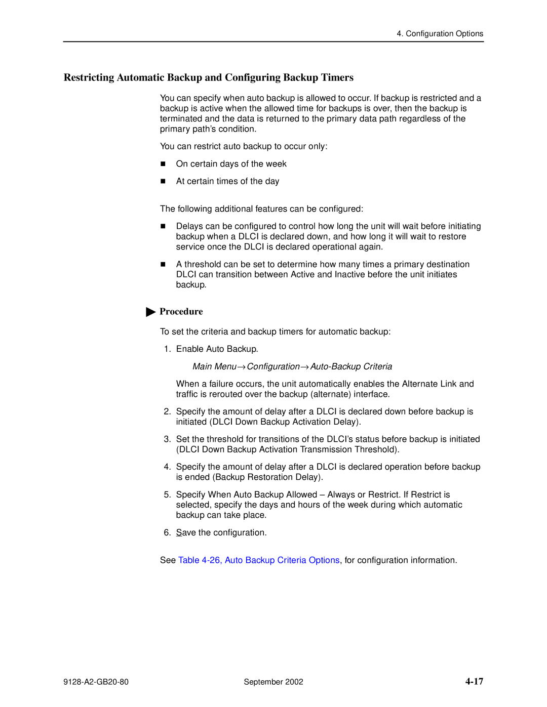 Paradyne 9126-II, CSU, DSU, 9128-II manual Restricting Automatic Backup and Configuring Backup Timers 