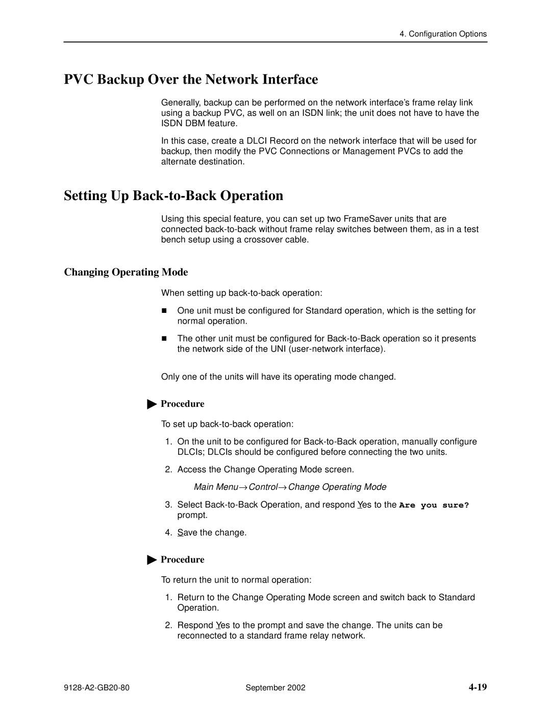 Paradyne 9126, CSU, DSU PVC Backup Over the Network Interface, Setting Up Back-to-Back Operation, Changing Operating Mode 