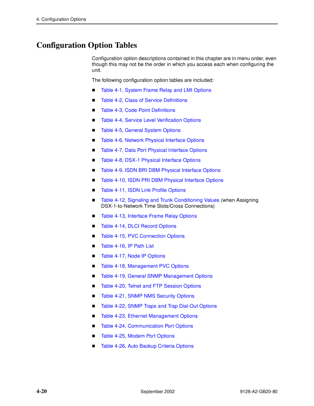 Paradyne CSU, DSU, 9126-II, 9128-II manual Configuration Option Tables 