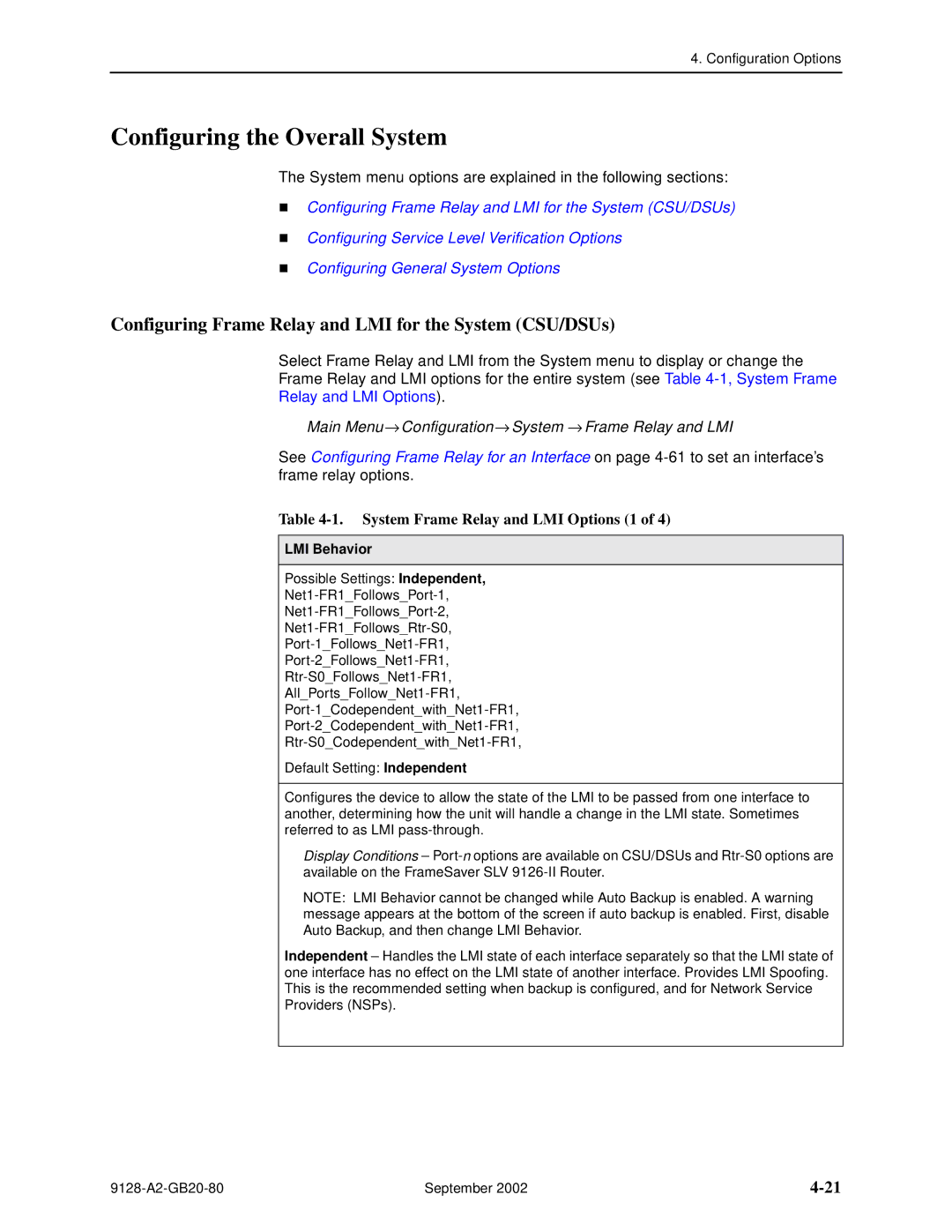 Paradyne 9126-II Configuring the Overall System, Configuring Frame Relay and LMI for the System CSU/DSUs, LMI Behavior 